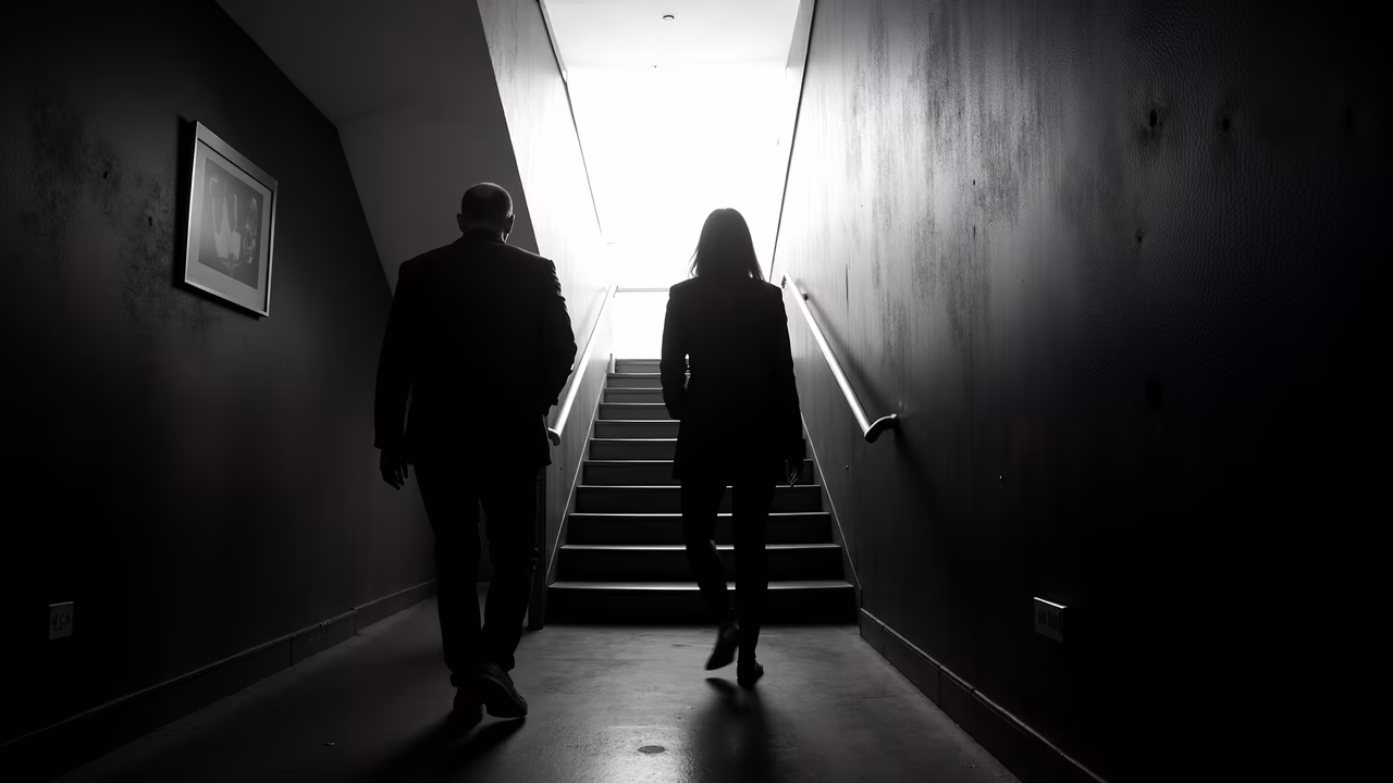 Silhouetted figures ascending a staircase in a dramatic black-and-white portrait.