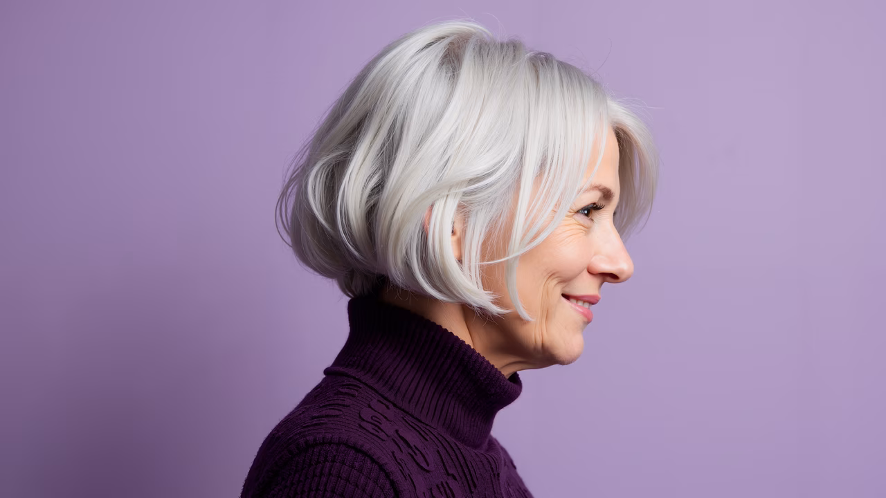 Side profile portrait of a person with silver hair and a dark purple sweater against a lavender background.