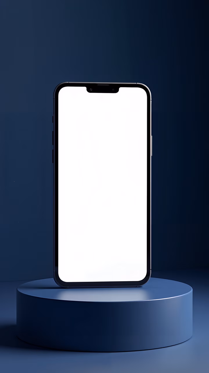 Minimalist smartphone mockup with deep blue background and soft lighting.