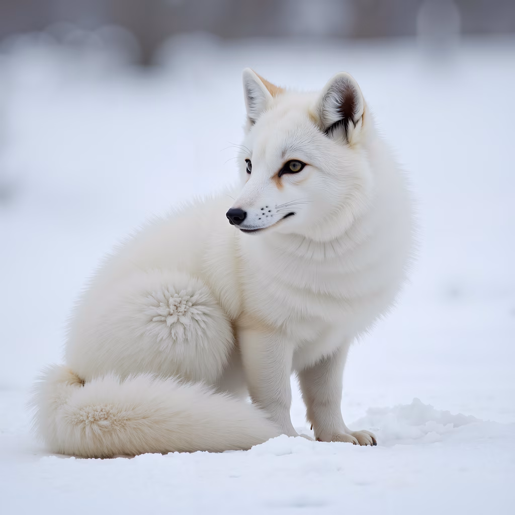 A white fox sitting on a snowy landscape, blending into its surroundings.
