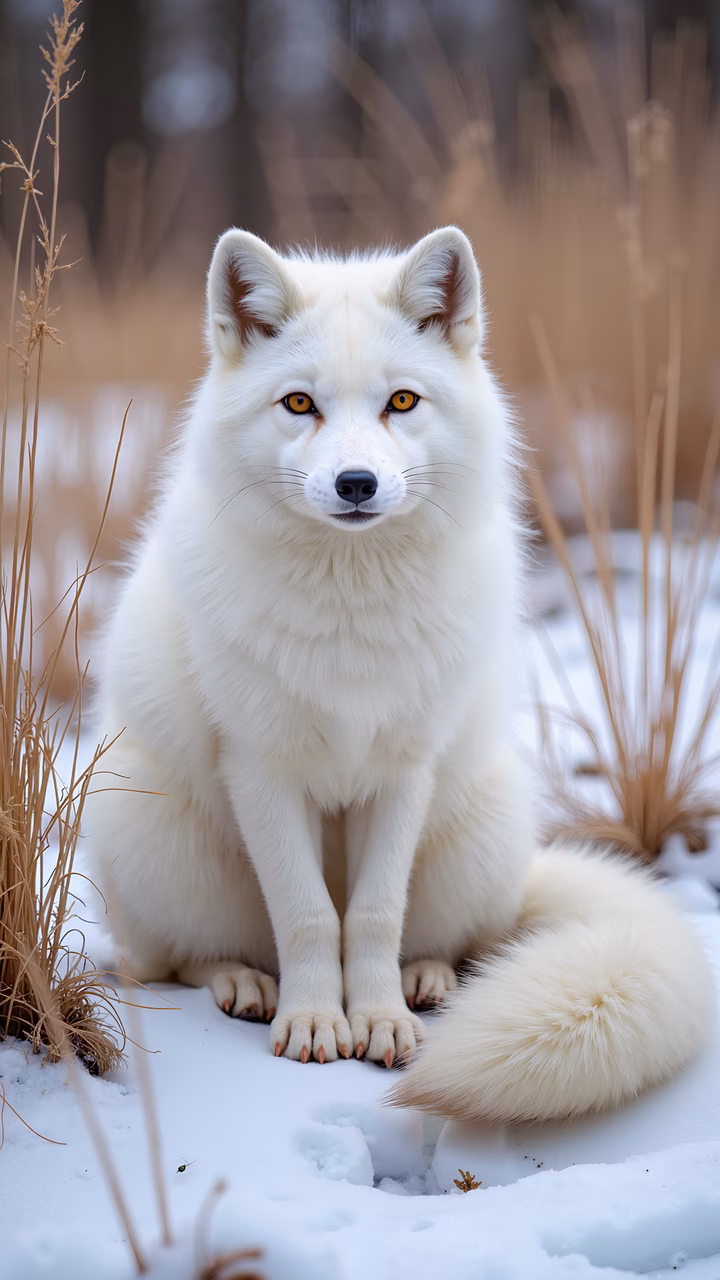 Close-up of a snowy arctic fox in a serene winter setting.