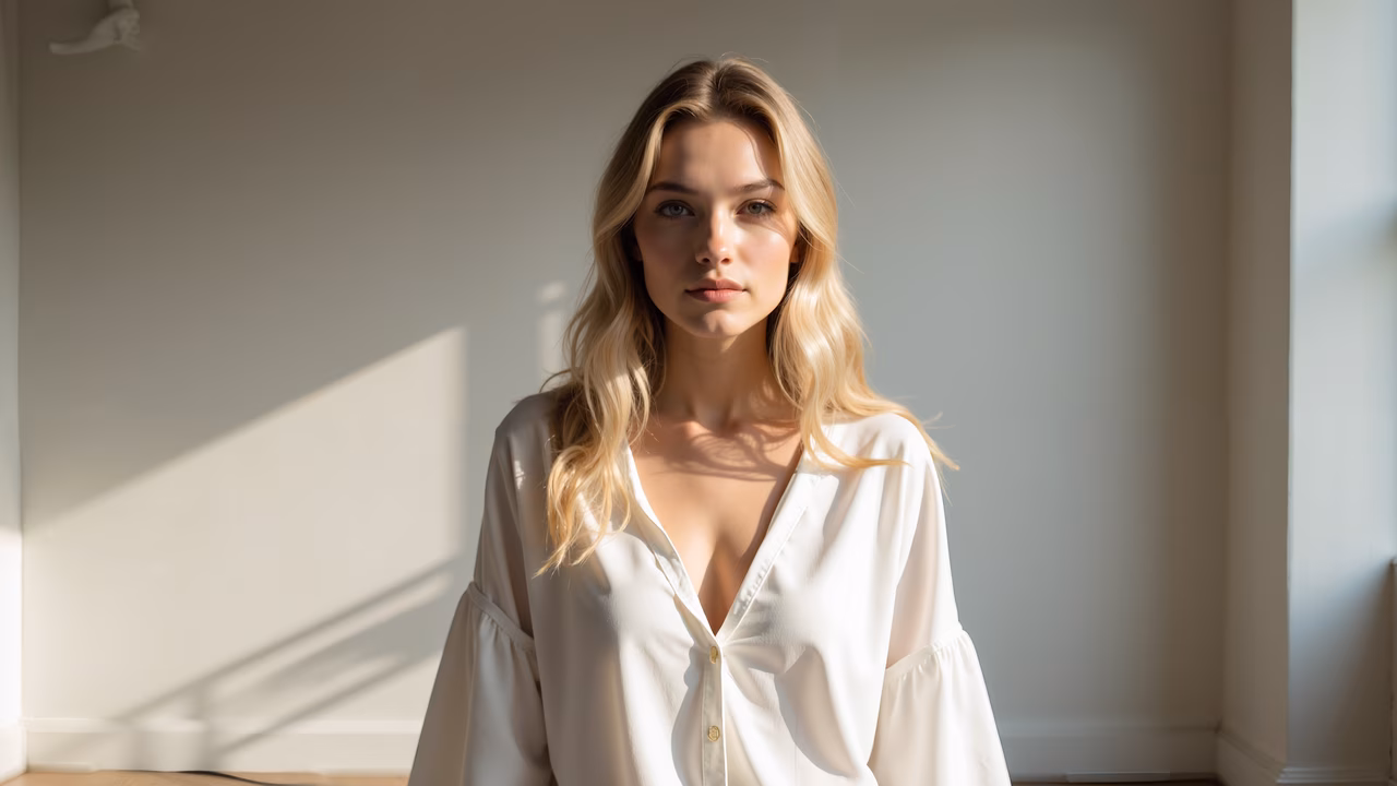 Minimalist portrait of a woman in soft light, wearing a white blouse.