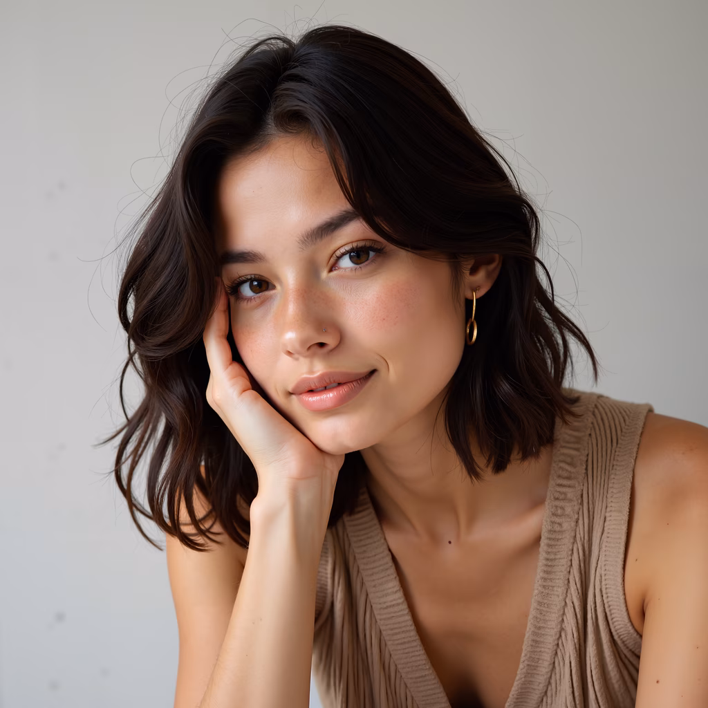 Close-up portrait of a woman with a serene expression, captured in soft lighting.