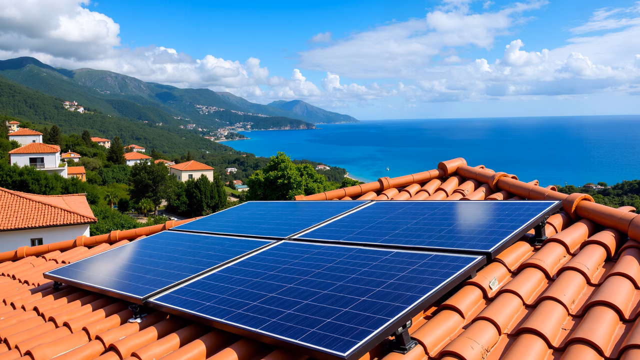 Solar panels on a Mediterranean roof, showcasing sustainability and natural beauty.