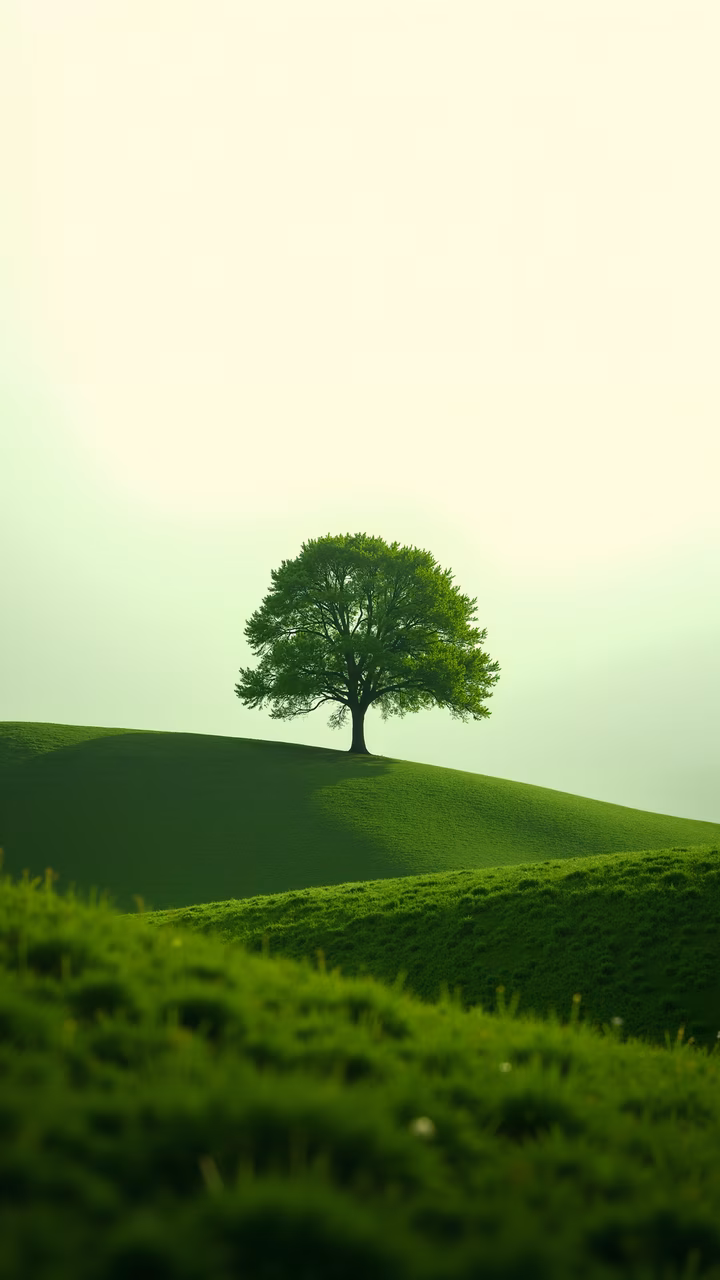 Solitary tree on a green hill under soft light, evoking tranquility and harmony.