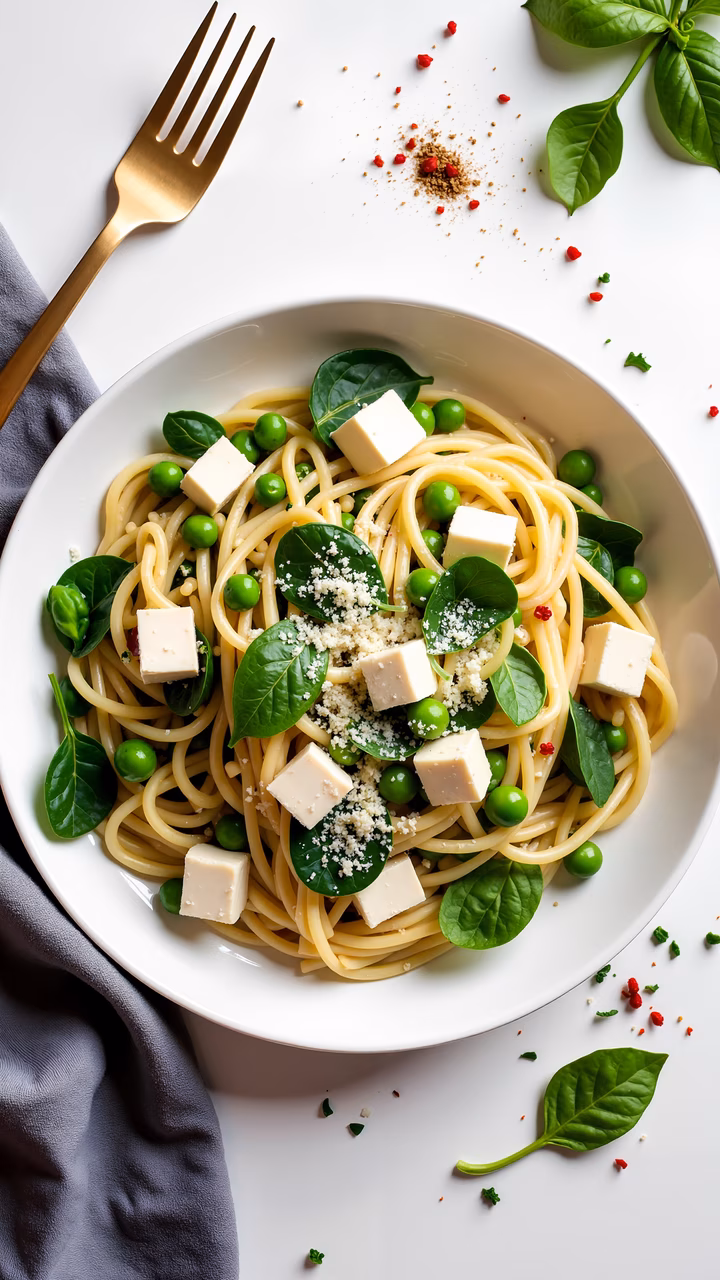 Delicious pasta dish with peas and spinach, perfect for a healthy meal.