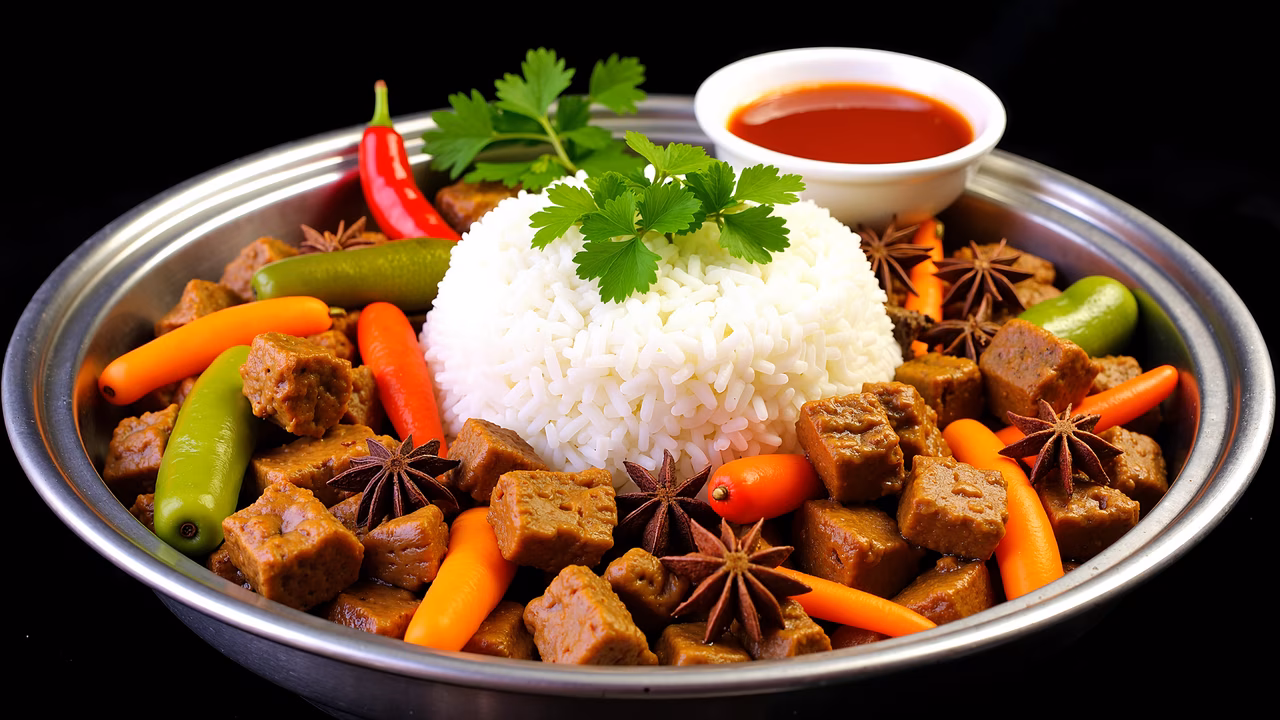 Spicy beef curry bowl with rice and sauce, food photography