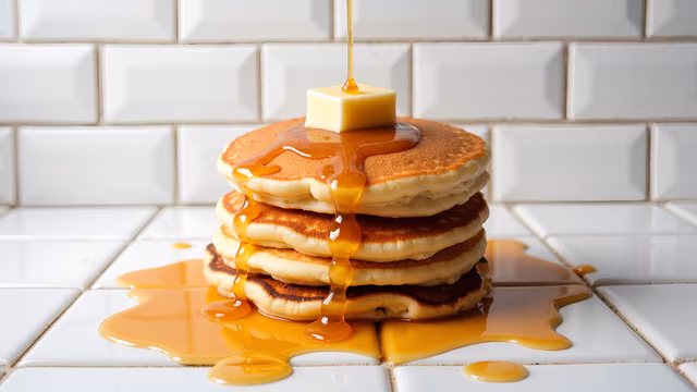 Stacked Pancakes with Butter and Syrup