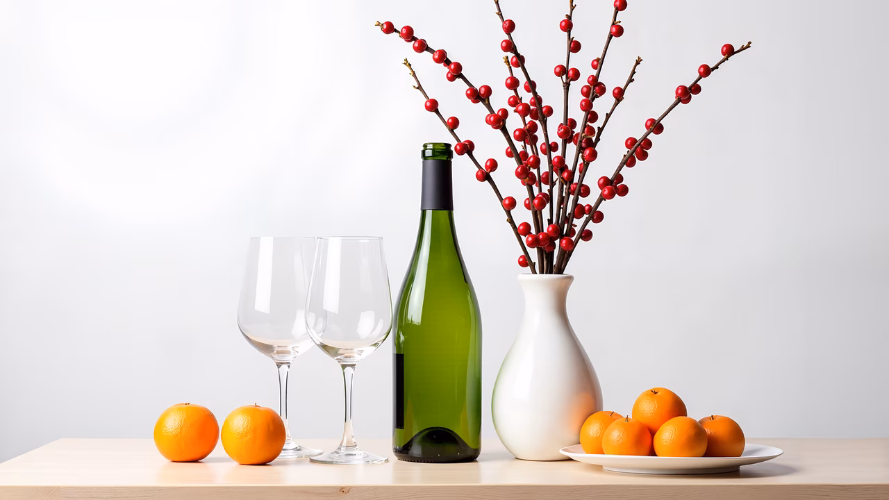 A minimalist still life featuring wine, berries, and oranges on a wooden table.