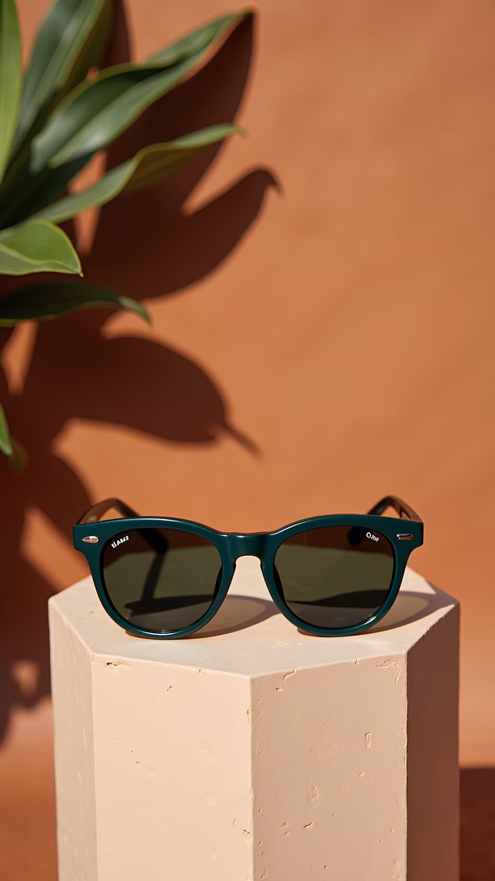 Elegant sunglasses on a terracotta backdrop with natural shadows.