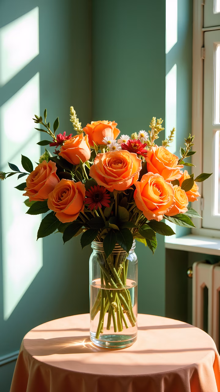 A sunlit floral arrangement with orange roses and white flowers in a glass vase on a peach tablecloth.