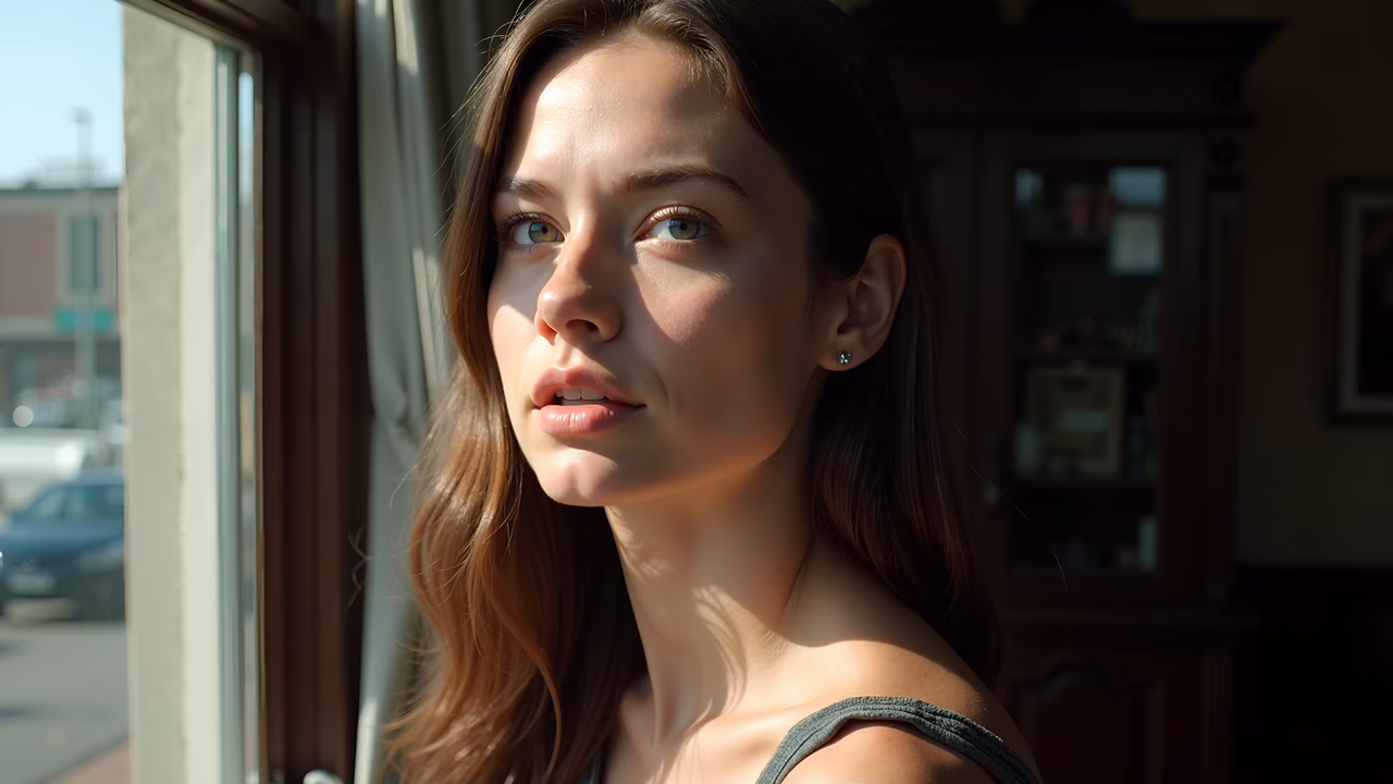 Close-up portrait of a young woman illuminated by natural sunlight, capturing a serene moment indoors.