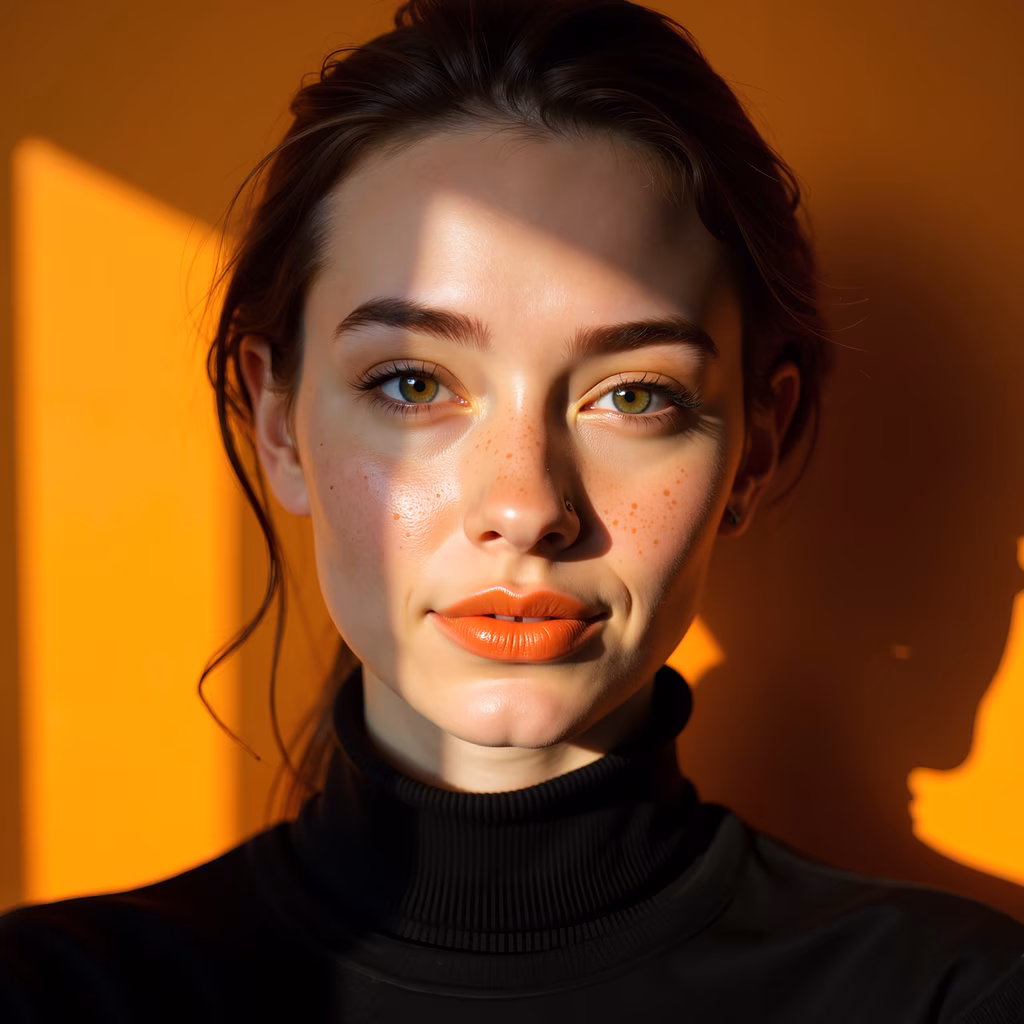Close-up portrait of a serene individual with freckles and glossy lips, illuminated by warm sunlight against an orange background.