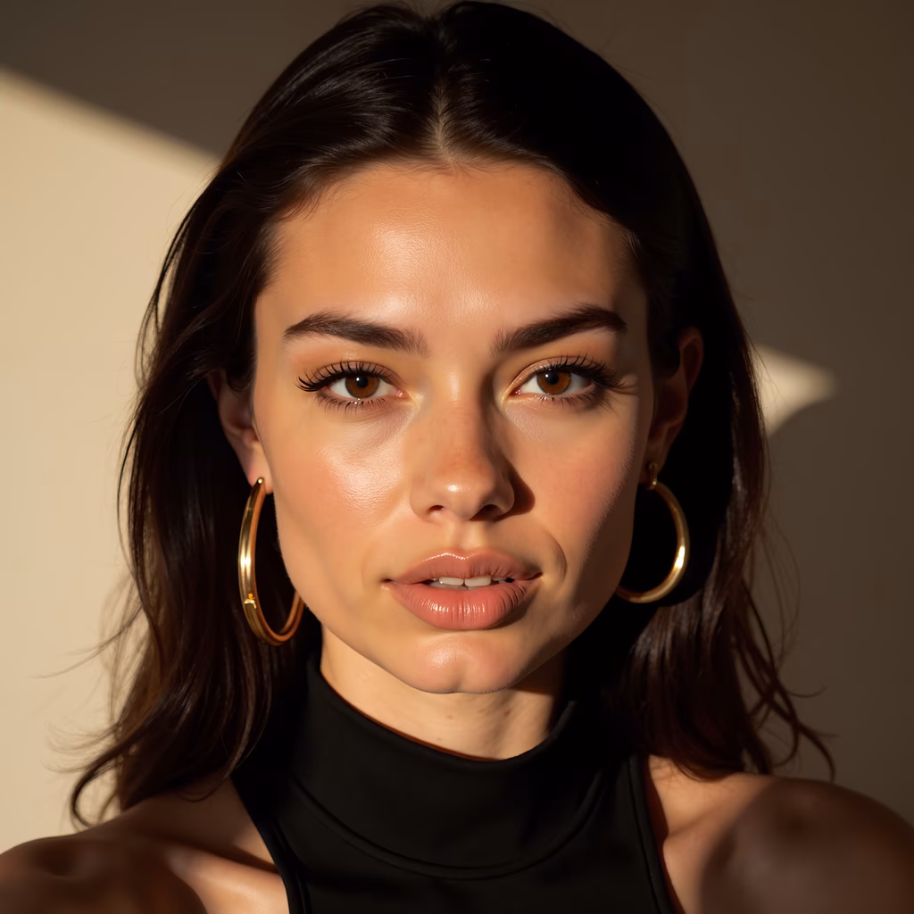 Soft, natural lighting highlights a serene portrait of a woman with gold hoop earrings and a black top.