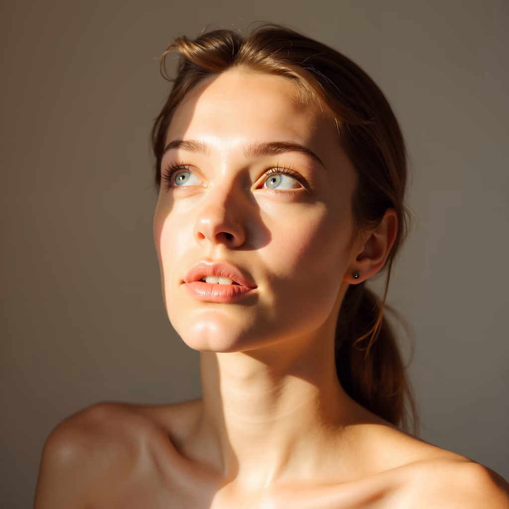 Close-up portrait of a woman illuminated by natural sunlight, exuding serenity and grace.