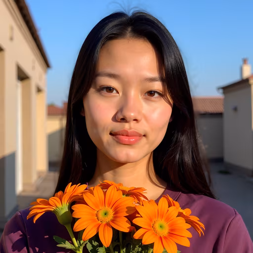 Sunlit Portrait with Orange Flowers
