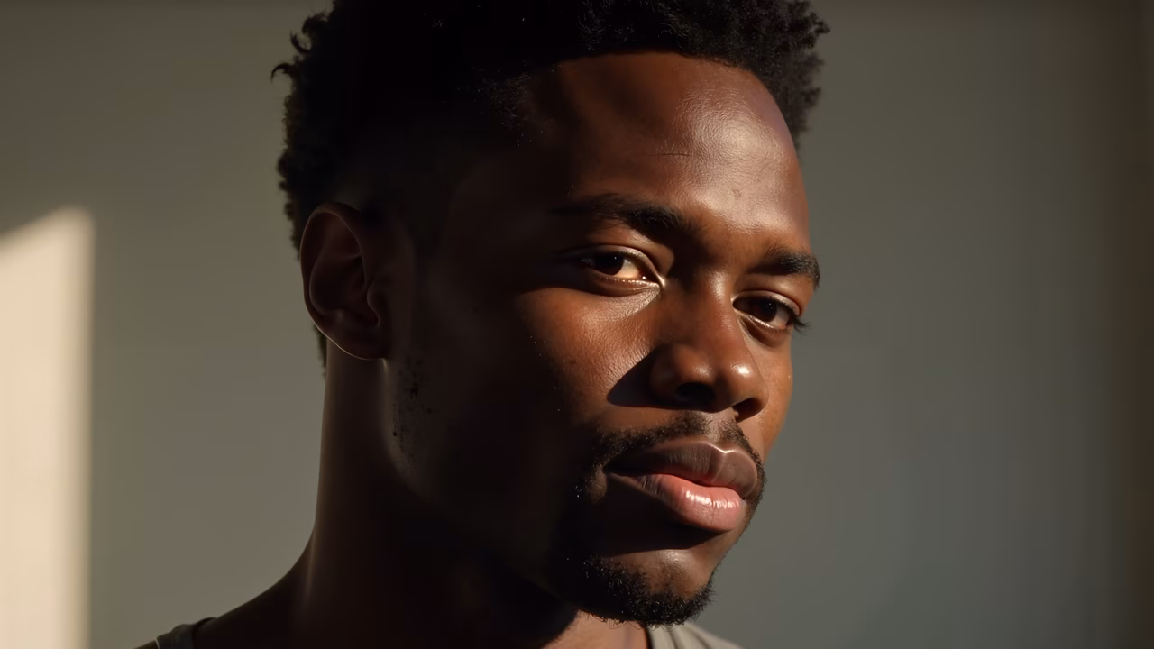 Close-up portrait of a man illuminated by natural sunlight, evoking introspection.