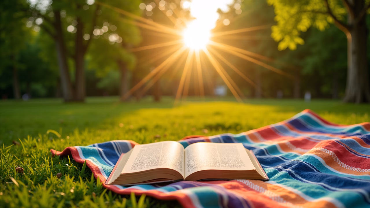 A peaceful moment captured under the sunlit sky, featuring an open book on a colorful blanket.