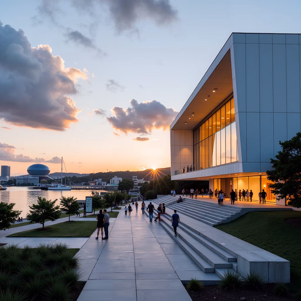 Modern art museum at sunset, people enjoying the serene atmosphere.