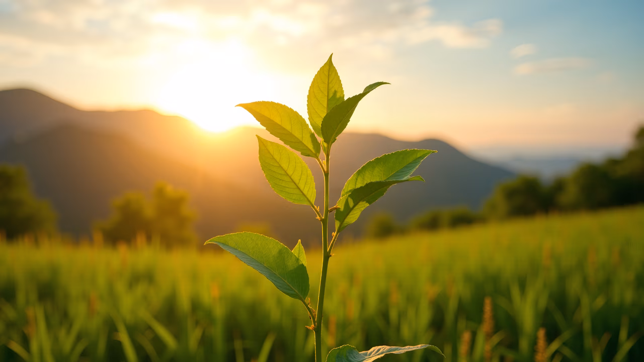 A peaceful sunset over a verdant landscape with a close-up of a young plant.
