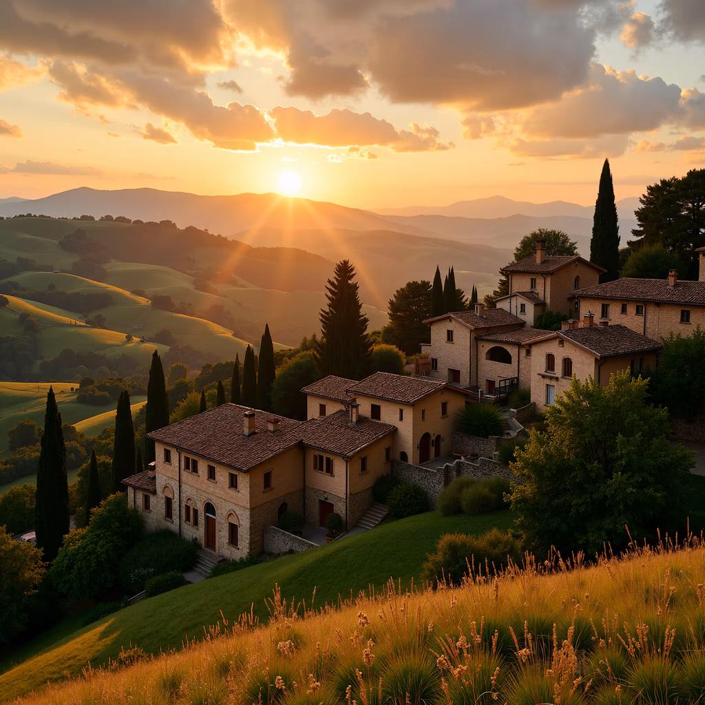 Golden sunset over idyllic Tuscan hills and rustic stone houses.
