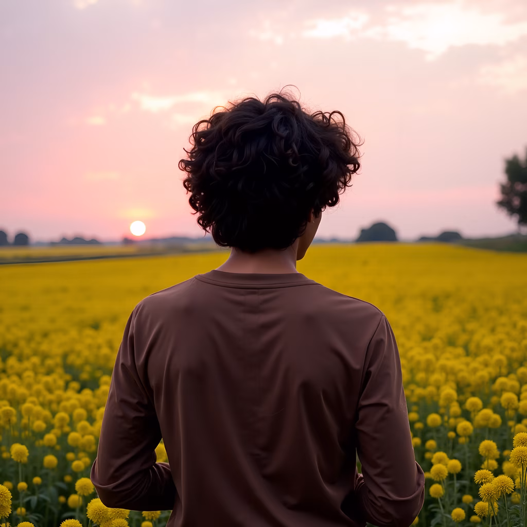 Person watching sunset over a field of yellow flowers.