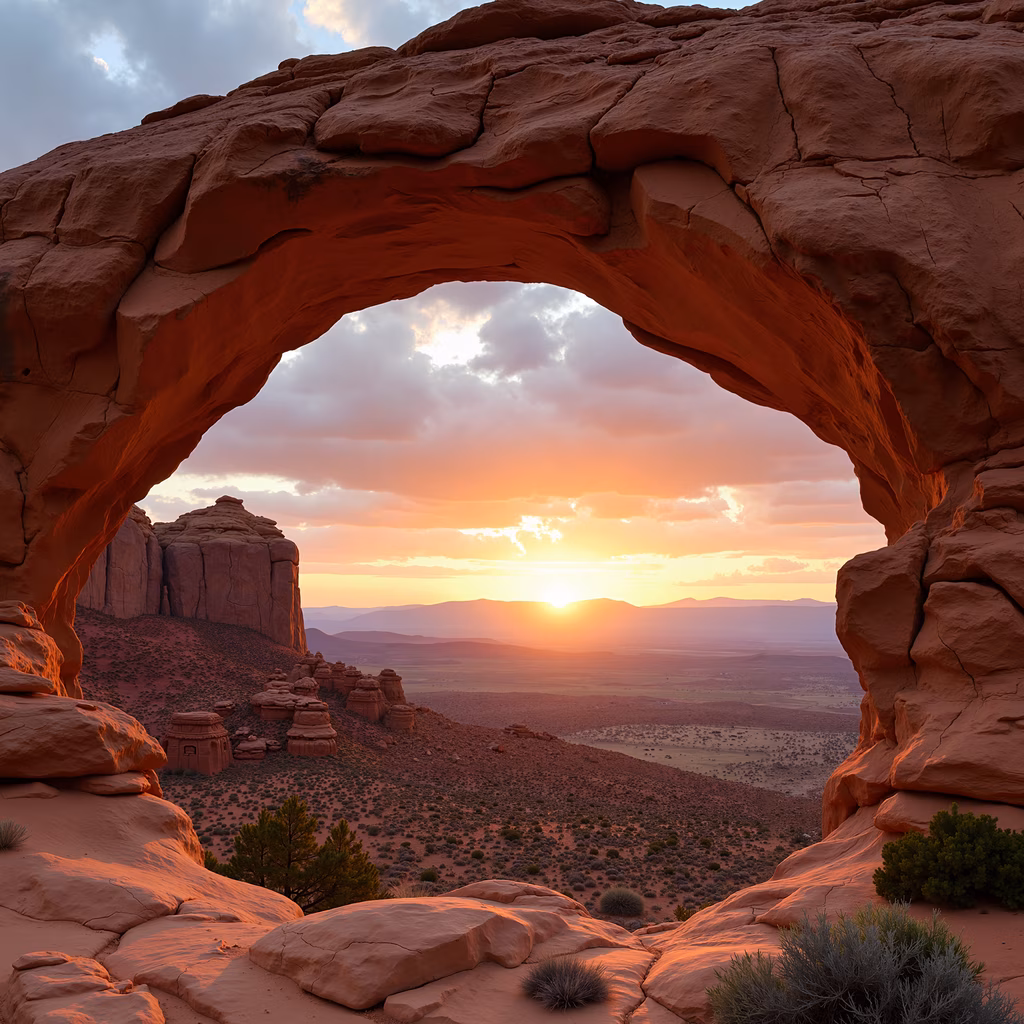 Sunset through a natural arch, capturing the serene beauty of the desert landscape.