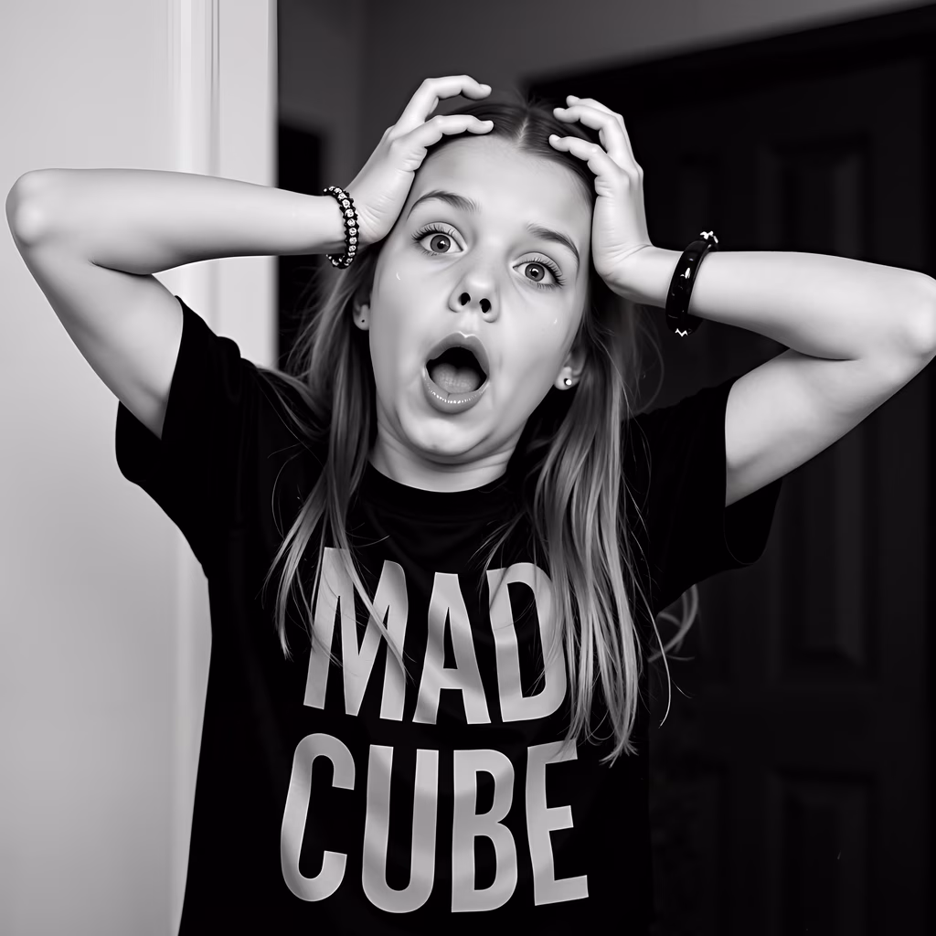 Black-and-white portrait of a surprised individual.