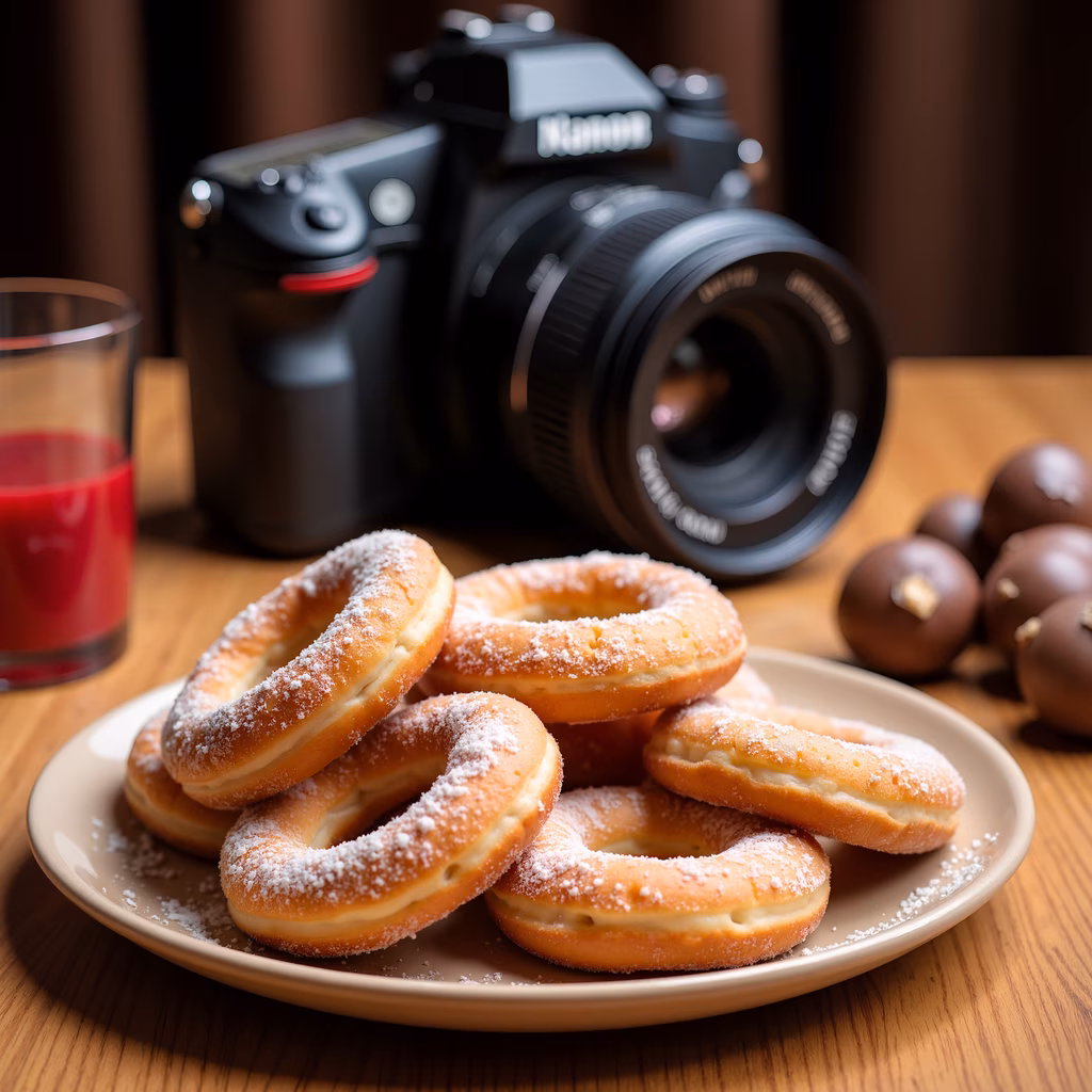 Golden donuts with powdered sugar, DSLR camera, red juice, cozy atmosphere