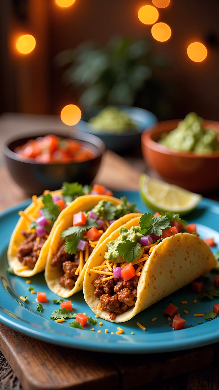 Tacos with guacamole and salsa, vibrant food photography, cozy atmosphere