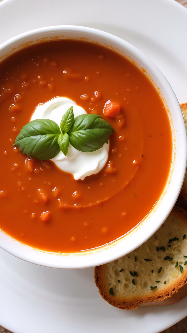 Close-up of tomato soup garnished with basil and sour cream, perfect for a cozy meal.