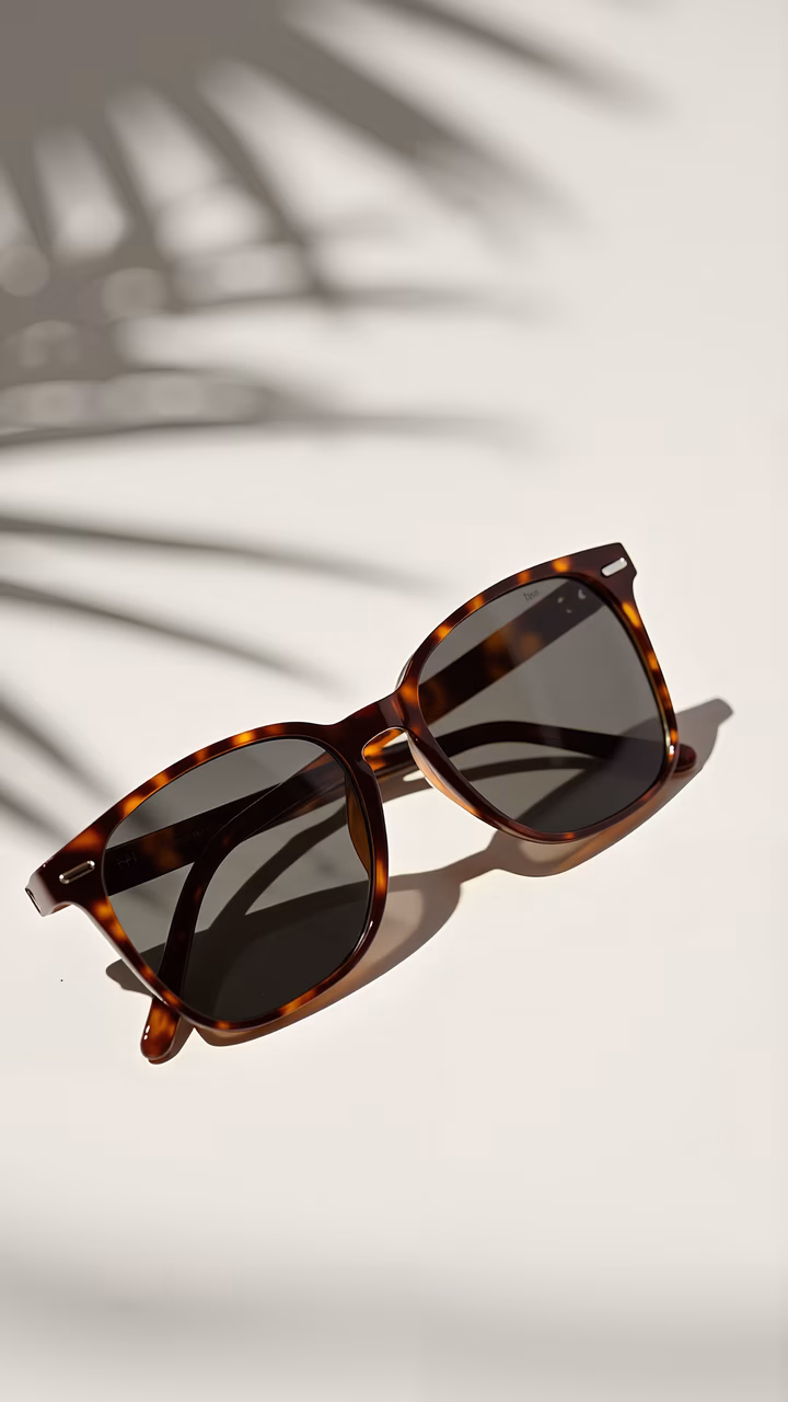 Elegant tortoiseshell sunglasses with dark lenses and intricate shadows on a white background.