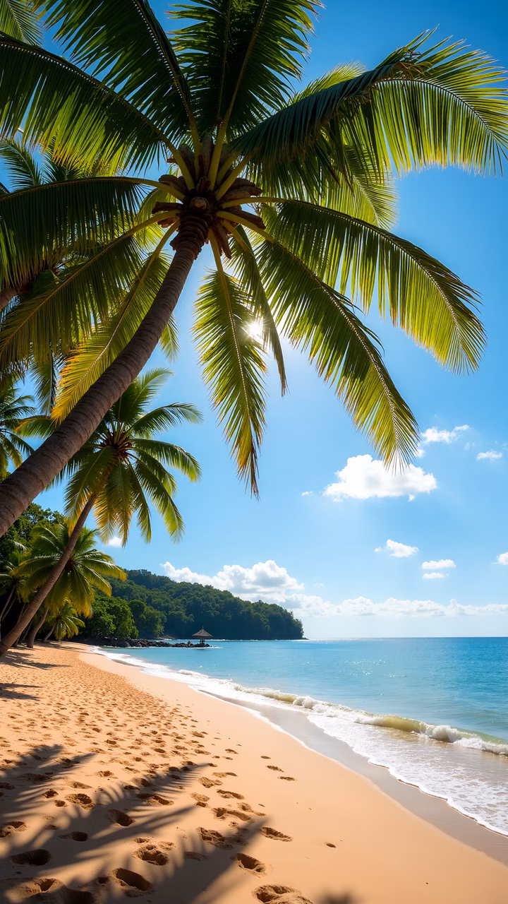 A tranquil tropical beach with palm trees and a small hut under a clear blue sky.