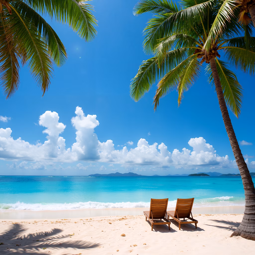 Relaxing tropical beach with lounge chairs and palm trees.