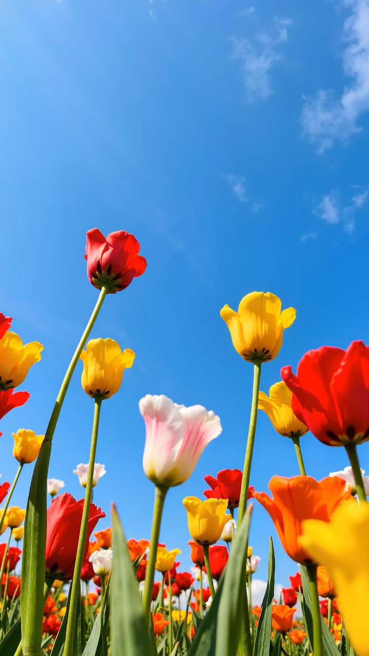 Bright tulips under a clear blue sky, celebrating spring.