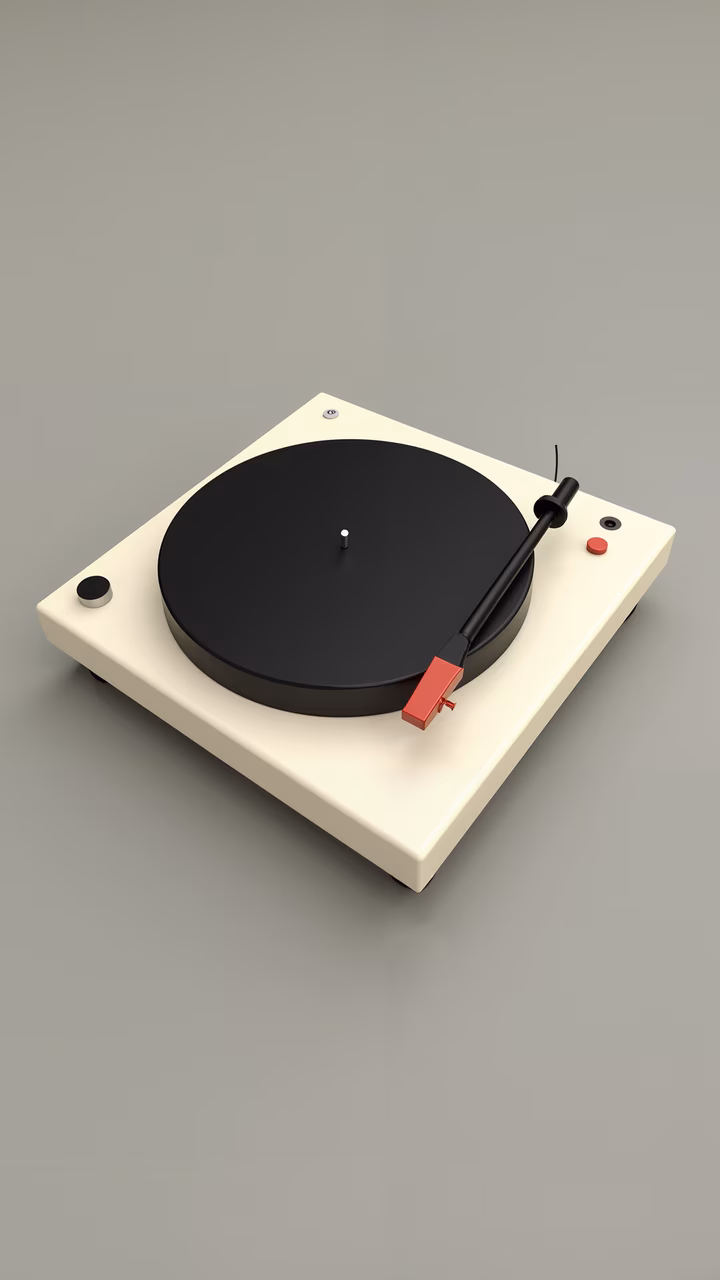 Minimalist turntable illustration with black vinyl and white base.
