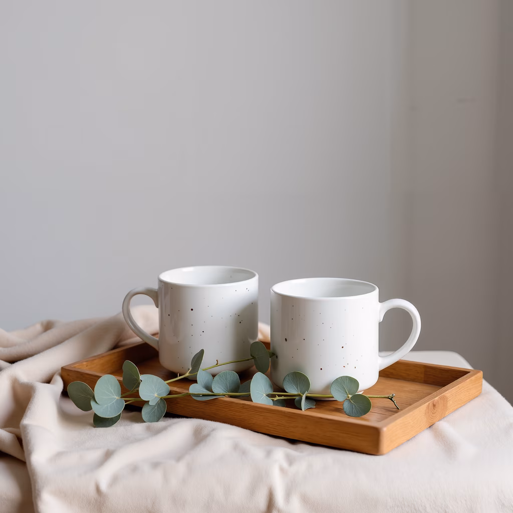 Minimalist still life featuring two speckled mugs on a wooden tray with eucalyptus leaves.