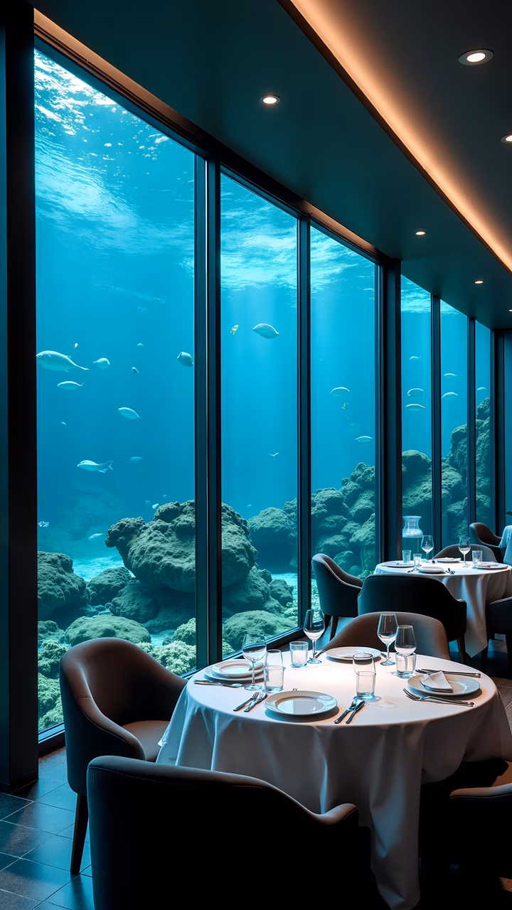 Elegant underwater dining with marine life and coral reefs.
