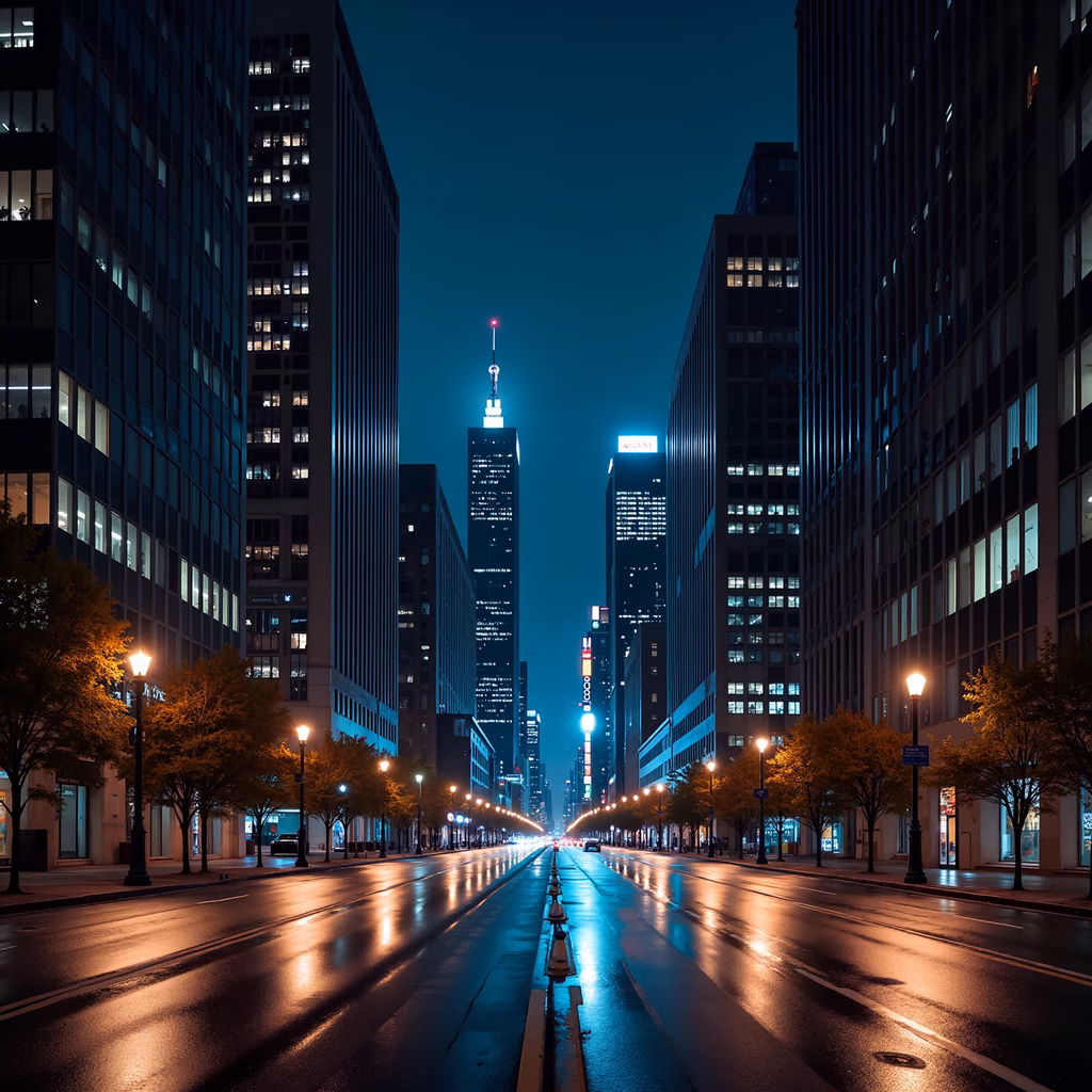 A striking urban night scene with contrasting lights and reflections.