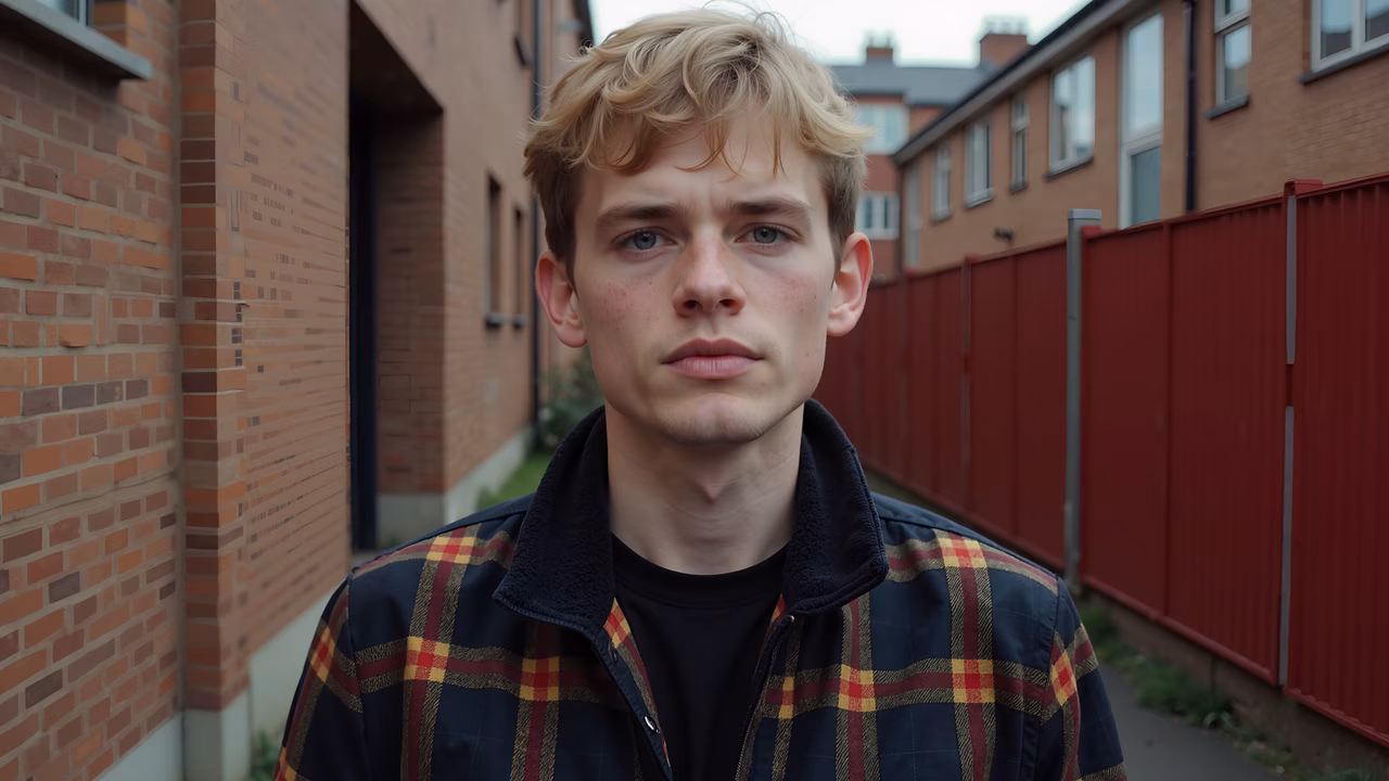 Close-up portrait of a young man in an urban alleyway, wearing a plaid jacket and standing against brick buildings and a red fence.