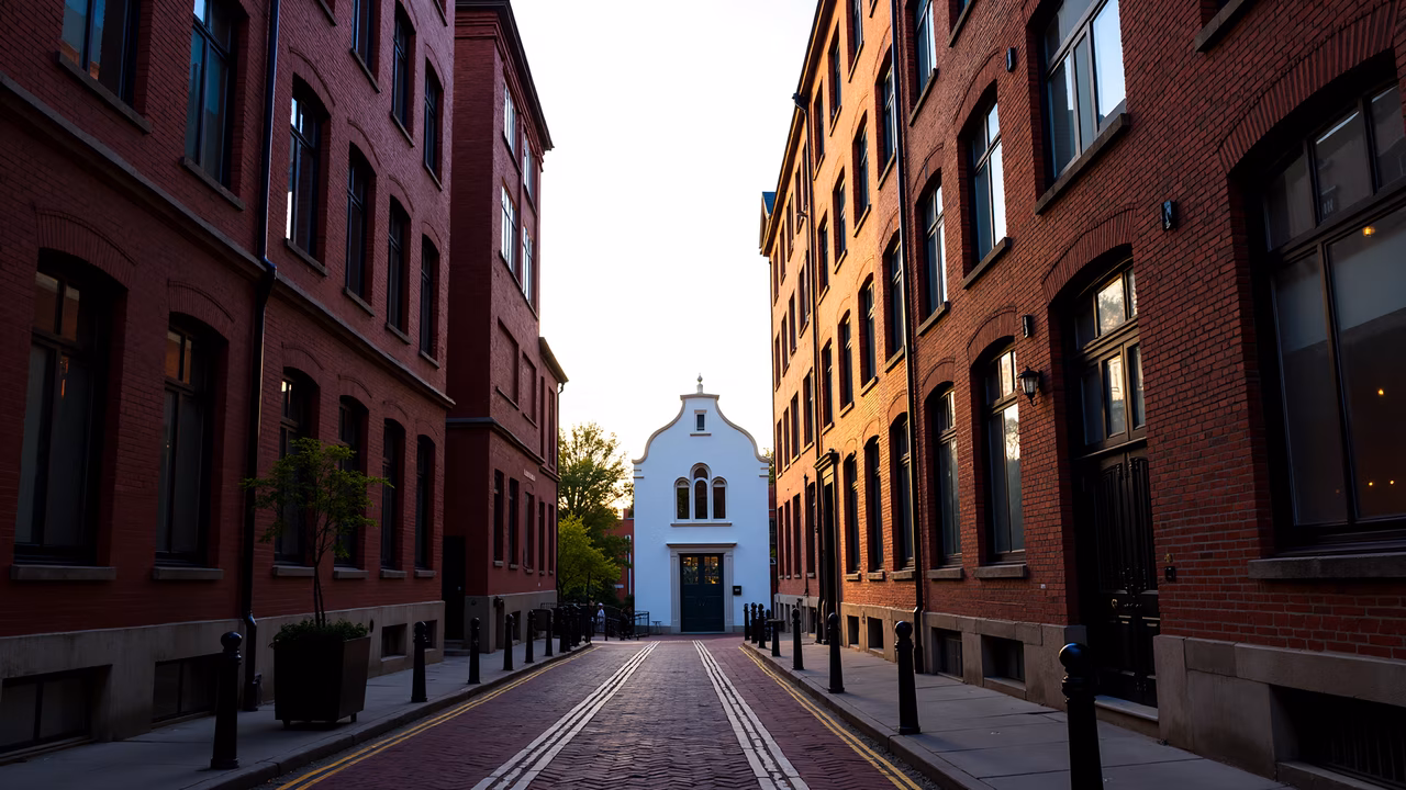 A peaceful urban street lined with red brick buildings and a white church at sunset.