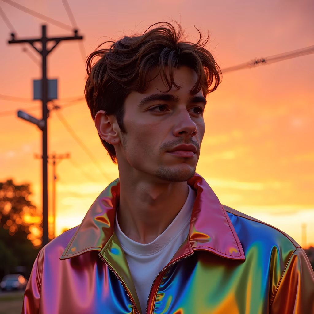 Close-up portrait of a young man against a vibrant sunset backdrop, capturing the warmth of the moment.