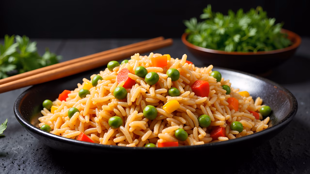 Brightly colored vegetable fried rice served on a dark plate with fresh parsley and chopsticks.