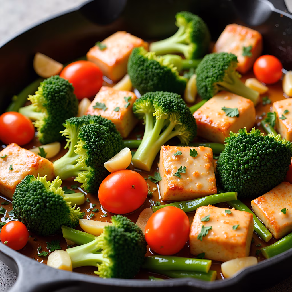 Fresh vegetable stir-fry with tofu and cherry tomatoes, garnished with parsley.