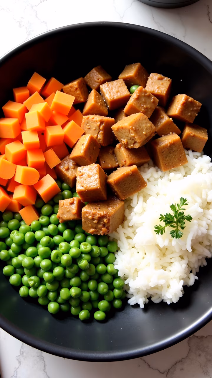 A colorful vegetarian bowl with sweet potatoes, peas, tofu, and rice.