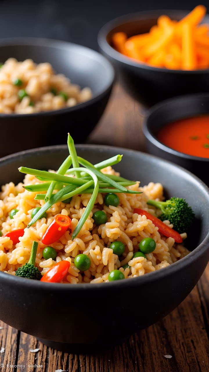 A visually appealing bowl of veggie fried rice on a wooden table, featuring fresh vegetables and a rustic setting.
