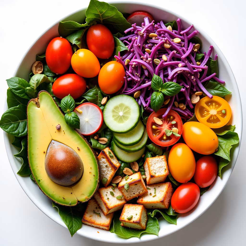 A colorful and fresh salad illustration featuring cherry tomatoes, cucumber, purple cabbage, avocado, and croutons.