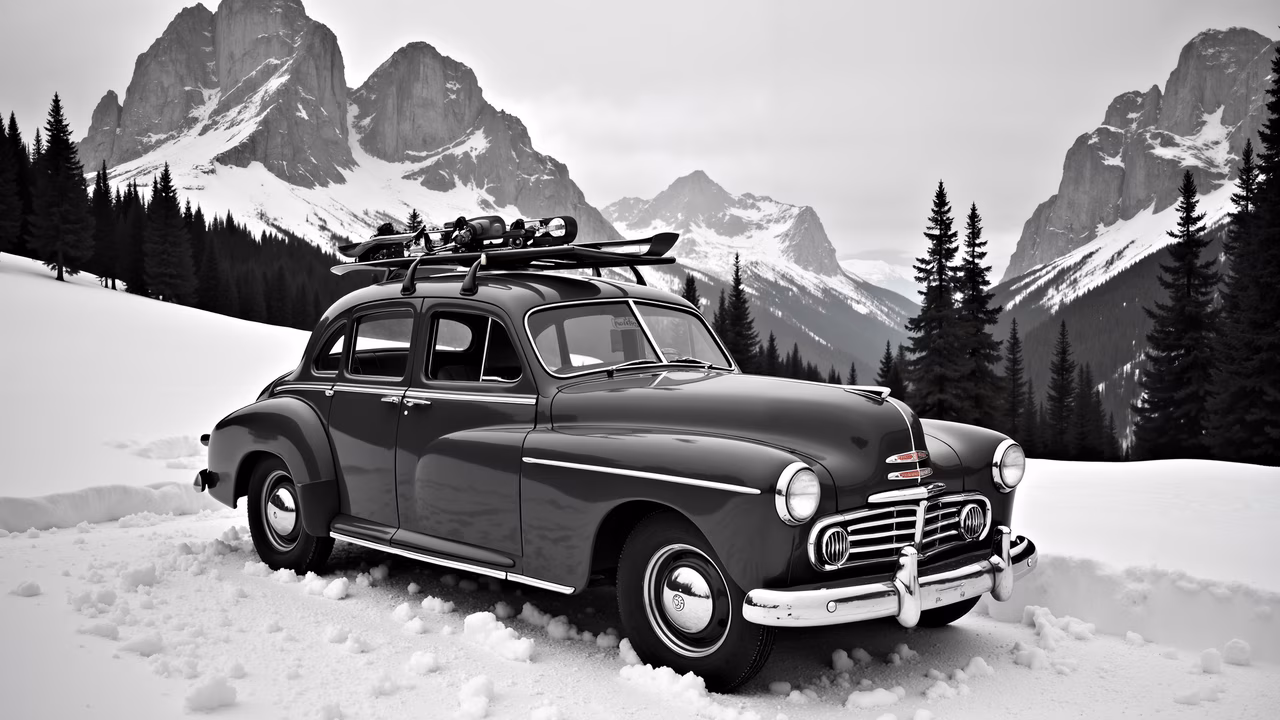 Vintage car in snowy mountain landscape, adventure awaits!