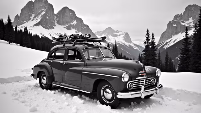 Vintage Car in Snowy Mountains