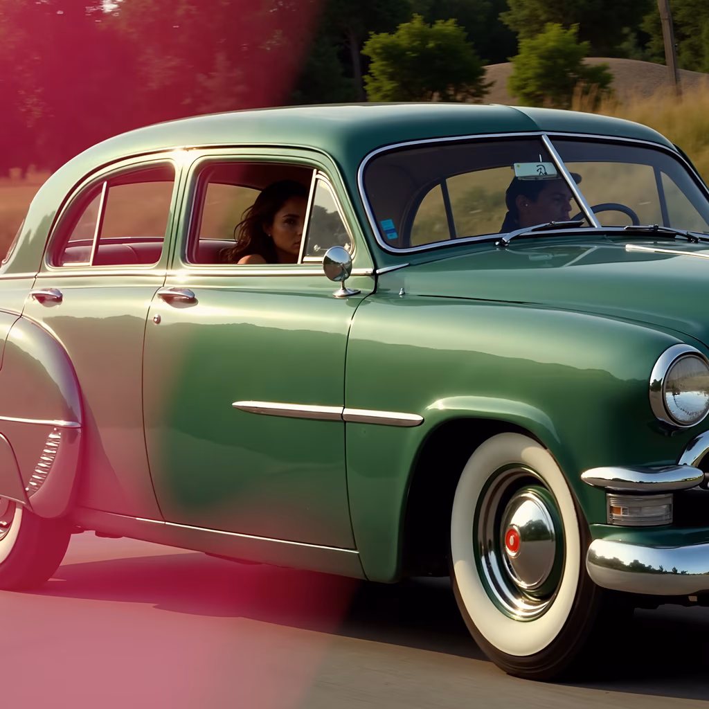 Vintage car journey through a colorful, dynamic landscape.